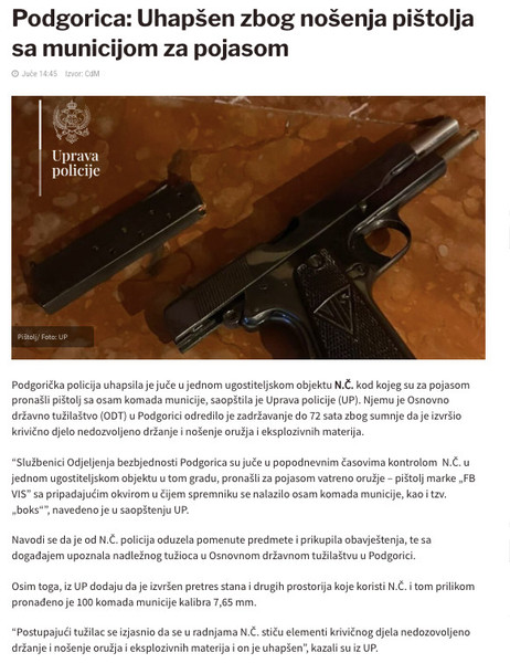 Montenegro-avmp/Podgorica_-Uhapsen-zbog-nosenja-pistolja-sa-municijom-za-pojasom---CdM