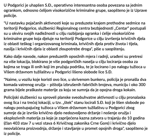 Montenegro-avmp/Podgorica_-Uhapsena-operativno-interesantna-osoba-povezana-sa-ogrankom-vis_1