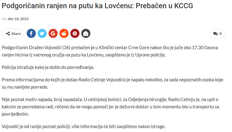 Montenegro-avmp/Podgoricanin-ranjen-na-putu-ka-Lovcenu-prebacen-u-KCCG