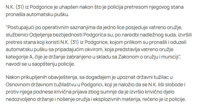 Montenegro-avmp/Podgoricanin-uhapsen-nakon-sto-je-policija-u-stanu-pronasla-automatsku-pusku_2