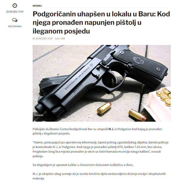 Montenegro-avmp/Podgoricanin-uhapsen-u-lokalu-u-Baru_-Kod-njega-pronaden-napunjen-pistolj-
