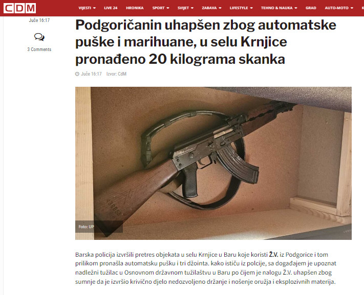 Montenegro-avmp/Podgoricanin-uhapsen-zbog-automatske-puske-i-marihuane-u-selu-Krnjice-pron
