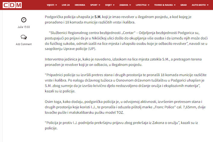 Montenegro-avmp/Podgoricanin-uhapsen-zbog-revolvera-i-municije-u-ilegalnom-posjedu---CdM_1