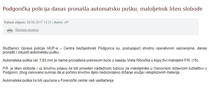 Montenegro-avmp/Podgoricka-policija-danas-pronasla-automatsku-pusku-maloljetnik-lisen-slob