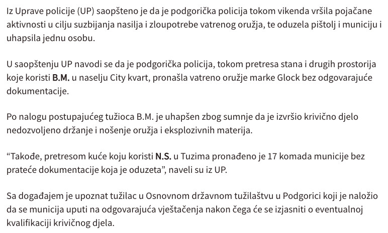 Montenegro-avmp/Podgoricka-policija-oduzela-pistolj-i-municiju-uhapsena-jedna-osoba---CdM