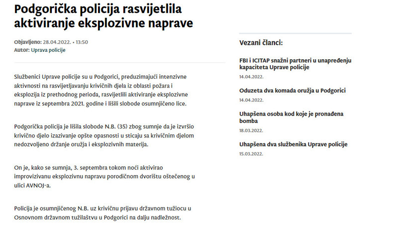 Montenegro-avmp/Podgoricka-policija-rasvijetlila-aktiviranje-eksplozivne-naprave