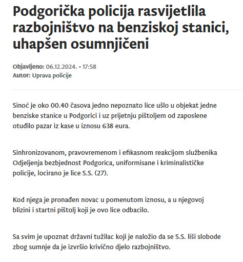 Montenegro-avmp/Podgoricka-policija-rasvijetlila-razbojnistvo-na-benziskoj-stanici-uhapsen