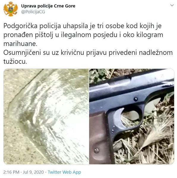 Montenegro-avmp/Podgoricka-policija-uhapsila-je-tri-osobe-kod-kojih-je-pronaden-pistolj-u-