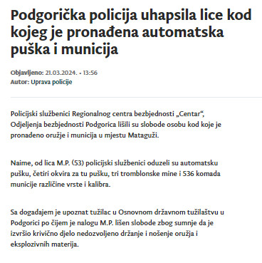 Montenegro-avmp/Podgoricka-policija-uhapsila-lice-kod-kojeg-je-pronadena-automatska-puska-