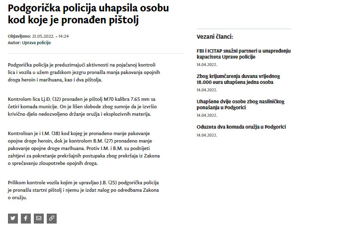 Montenegro-avmp/Podgoricka-policija-uhapsila-osobu-kod-koje-je-pronaden-pistolj_1