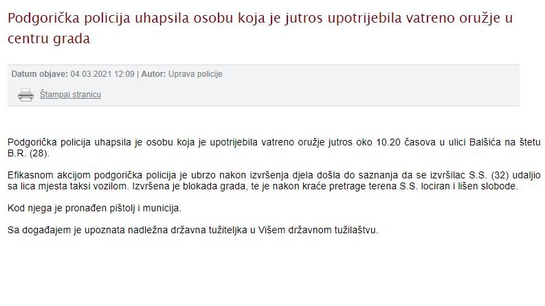 Montenegro-avmp/Podgoricka-policija-uhapsila-osobu-koja-je-jutros-upotrijebila-vatreno-oru