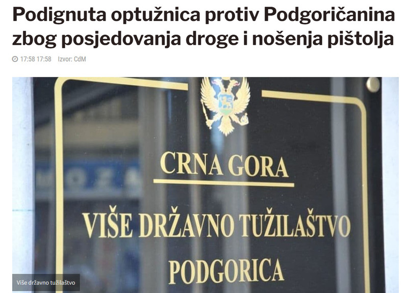 Montenegro-avmp/Podignuta-optuznica-protiv-Podgoricanina-zbog-posjedovanja-droge-i-nosenja-pistolja_1