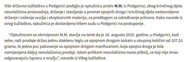 Montenegro-avmp/Podignuta-optuznica-protiv-Podgoricanina-zbog-posjedovanja-droge-i-nosenja-pistolja