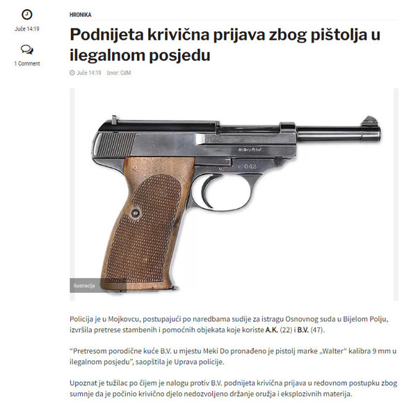 Montenegro-avmp/Podnijeta-krivicna-prijava-zbog-pistolja-u-ilegalnom-posjedu---CdM