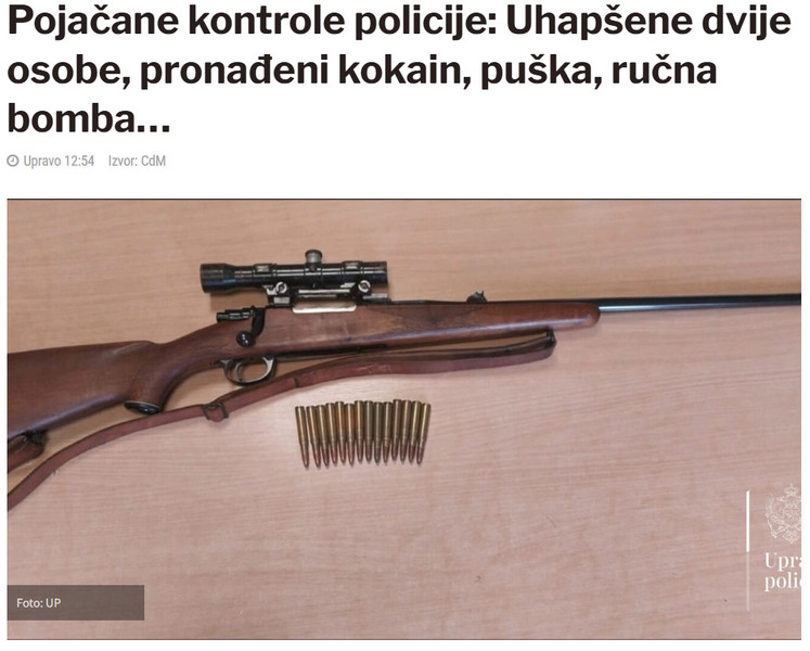 Montenegro-avmp/Pojacane-kontrole-policije-Uhapsene-dvije-osobe-pronadeni-kokain-puska-rucna-bomba_1