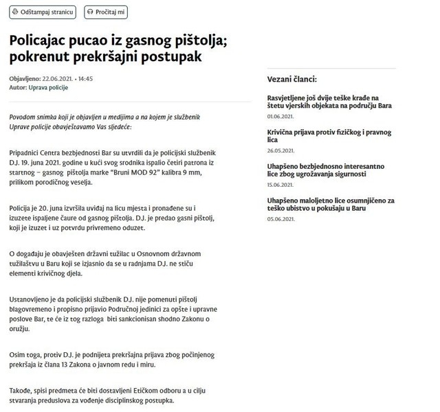Montenegro-avmp/Policajac-pucao-iz-gasnog-pistolja-pokrenut-prekrsajni-postupak