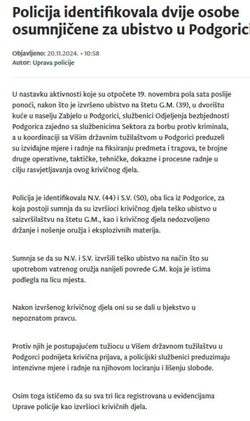 Montenegro-avmp/Policija-identifikovala-dvije-osobe-osumnjicene-za-ubistvo-u-Podgorici