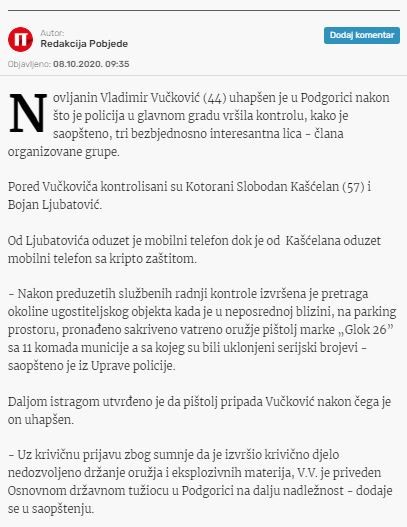 Montenegro-avmp/Policija-kontrolisala-Kascelana-Vuckovic-uhapsen-zbog-pistolja