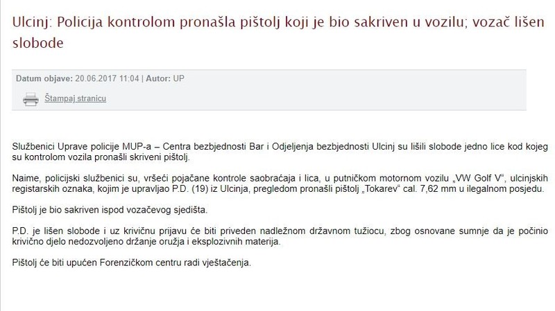 Montenegro-avmp/Policija-kontrolom-pronasla-pistolj-koji-je-bio-sakriven-u-vozilu-vozac-li