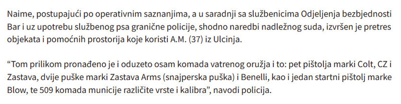Montenegro-avmp/Policija-na-jugu-zaplijenila-14-komada-oruzja-snajper-kokain-vozilo-uhapsena-operativno-interesantna-osoba