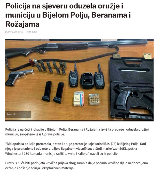 Montenegro-avmp/Policija-na-sjeveru-oduzela-oruzje-i-municiju-u-Bijelom-Polju-Beranama-i-R