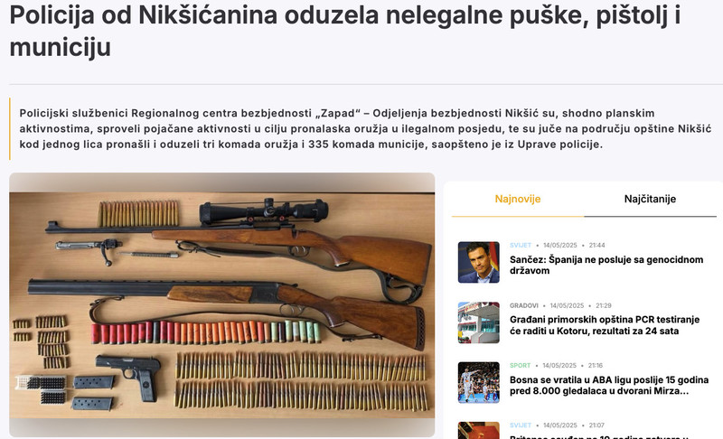 Montenegro-avmp/Policija-od-Niksicanina-oduzela-nelegalne-puske-pistolj-i-municiju