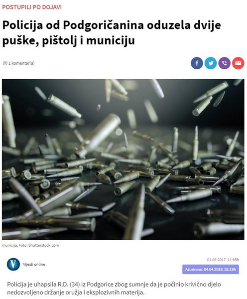 Montenegro-avmp/Policija-od-Podgoricanina-oduzela-dvije-puske-pistolj-i-municiju