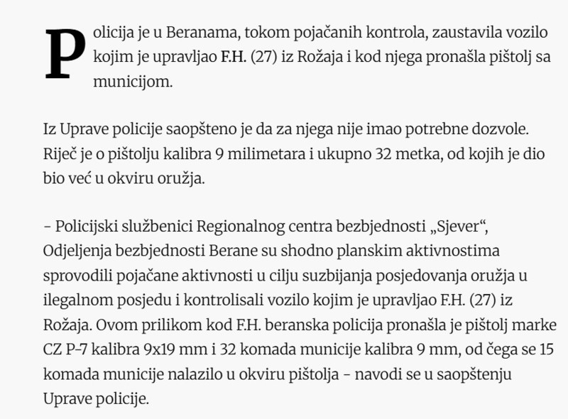 Montenegro-avmp/Policija-od-Rozajca-oduzela-pistolj-sa-32-metka