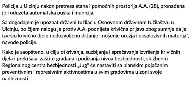Montenegro-avmp/Policija-od-Ulcinjanina-oduzela-vatreno-oruzje-i-municiju
