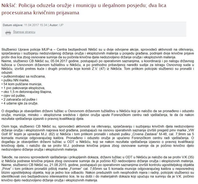 Montenegro-avmp/Policija-oduzela-oruzje-i-municiju-u-ilegalnom-posjedu-dva-lica-procesuira