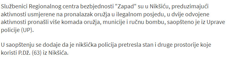 Montenegro-avmp/Policija-oduzela-vise-pusaka-i-pistolja-rucnu-bombu-municiju
