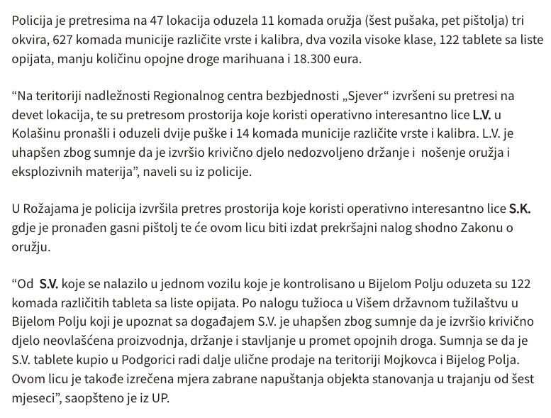 Montenegro-avmp/Policija-pretresima-na-47-lokacija-oduzela-11-komada-oruzja-627-komada-mun_1