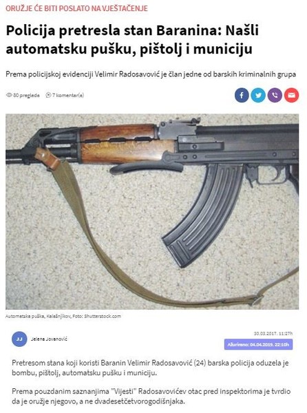 Montenegro-avmp/Policija-pretresla-stan-Baranina_-Nasli-automatsku-pusku-pistolj-i-municij_1