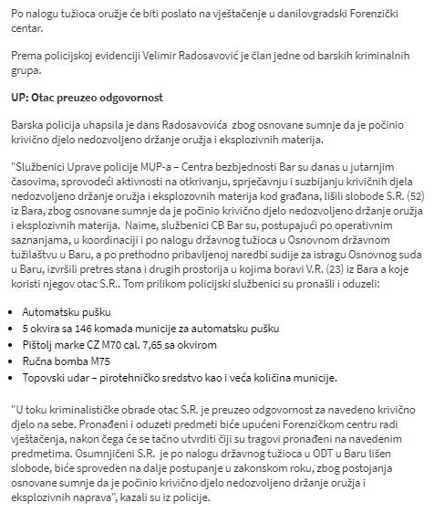 Montenegro-avmp/Policija-pretresla-stan-Baranina_-Nasli-automatsku-pusku-pistolj-i-municij
