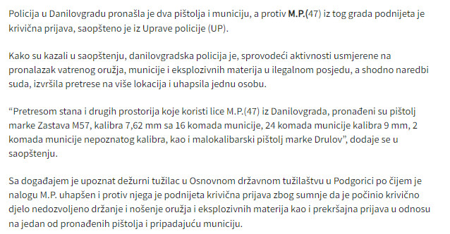 Montenegro-avmp/Policija-pronasla-dva-pistolja-i-municiju-podnijeta-krivicna-prijava-proti