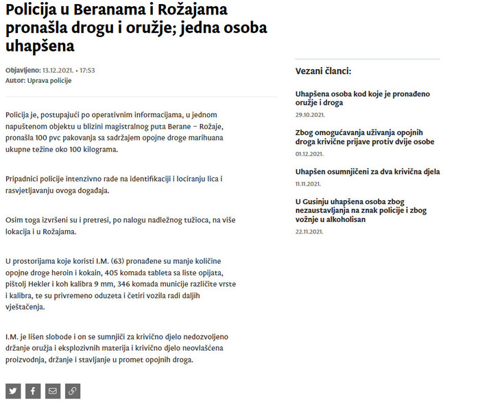Montenegro-avmp/Policija-u-Beranama-i-Rozajama-pronasla-drogu-i-oruzje-jedna-osoba-uhapsen