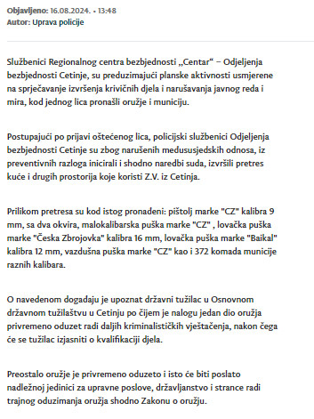 Montenegro-avmp/Policija-u-Cetinju-kod-jednog-lica-pronasla-vecu-kolicinu-oruzja-i-municij