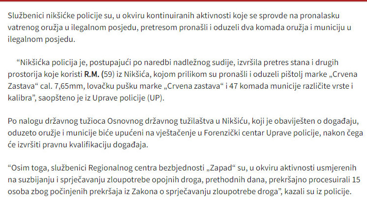 Montenegro-avmp/Policija-u-Niksicu-oduzela-oruzje-i-municiju-u-ilegalnom-posjedu---CdM_1