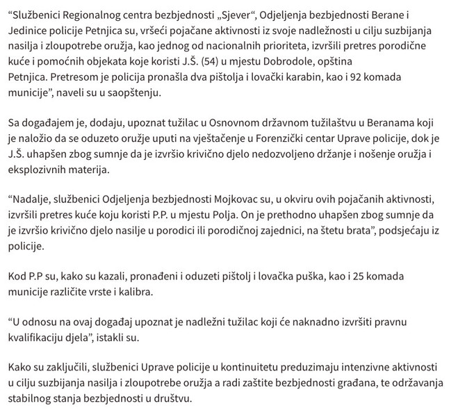Montenegro-avmp/Policija-u-Petnjici-i-Mojkovcu-zaplijenila-pet-komada-oruzja-i-preko-100-k_3