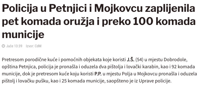 Montenegro-avmp/Policija-u-Petnjici-i-Mojkovcu-zaplijenila-pet-komada-oruzja-i-preko-100-k