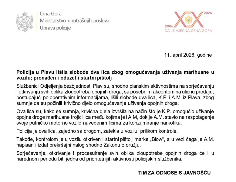 Montenegro-avmp/Policija-u-Plavu-lisila-slobode-dva-lica-zbog-omogucavanja-uzivanja-marihuane-u-vozilu-pronaden-i-oduzet-i-startni-pistolj