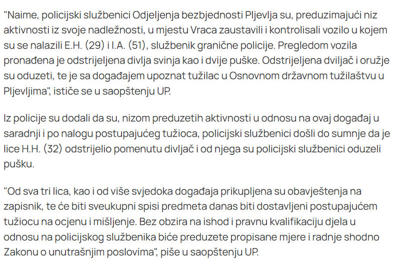 Montenegro-avmp/Policija-u-Pljevljima-oduzela-tri-puske-i-odstrijeljenu-divlju-svinju-1