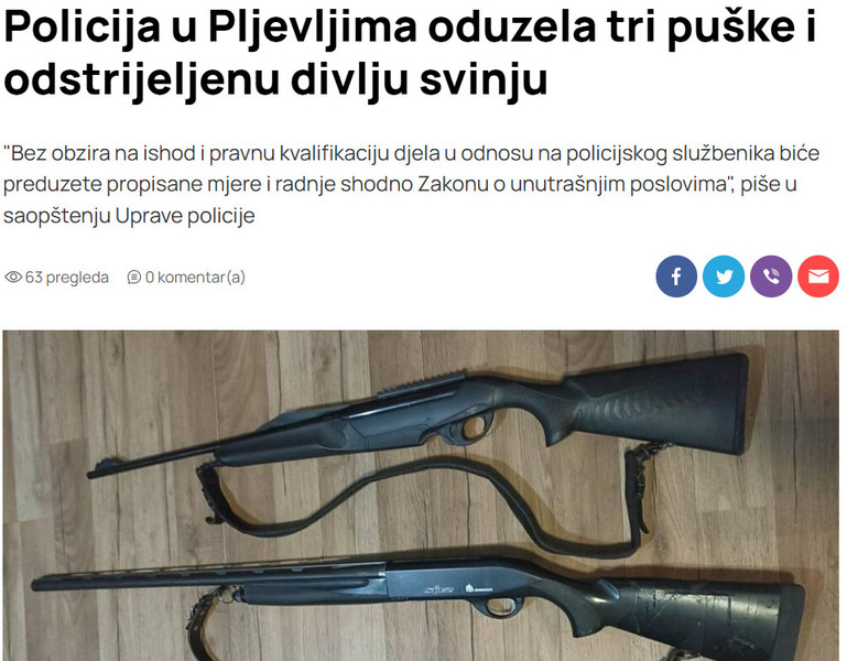 Montenegro-avmp/Policija-u-Pljevljima-oduzela-tri-puske-i-odstrijeljenu-divlju-svinju