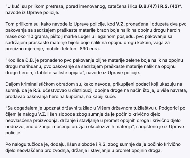 Montenegro-avmp/Policija-u-Podgorici-pretresla-kucu-koju-koristi-Beranac_-Pronasli-heroin-_1