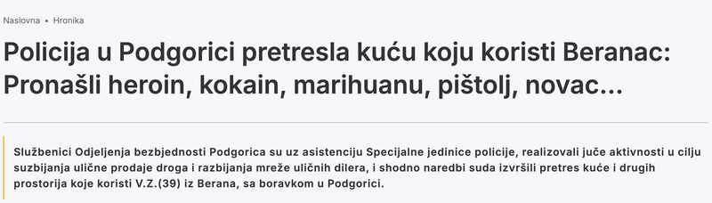Montenegro-avmp/Policija-u-Podgorici-pretresla-kucu-koju-koristi-Beranac_-Pronasli-heroin-