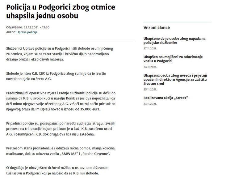 Montenegro-avmp/Policija-u-Podgorici-zbog-otmice-uhapsila-jednu-osobu