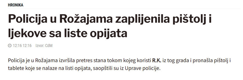 Montenegro-avmp/Policija-u-Rozajama-zaplijenila-pistolj-i-ljekove-sa-liste-opijata
