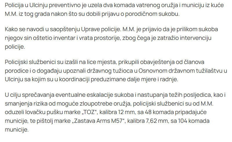 Montenegro-avmp/Policija-u-Ulcinju-nakon-porodicnog-sukoba-oduzela-pusku-pistolj-i-152-metka_1