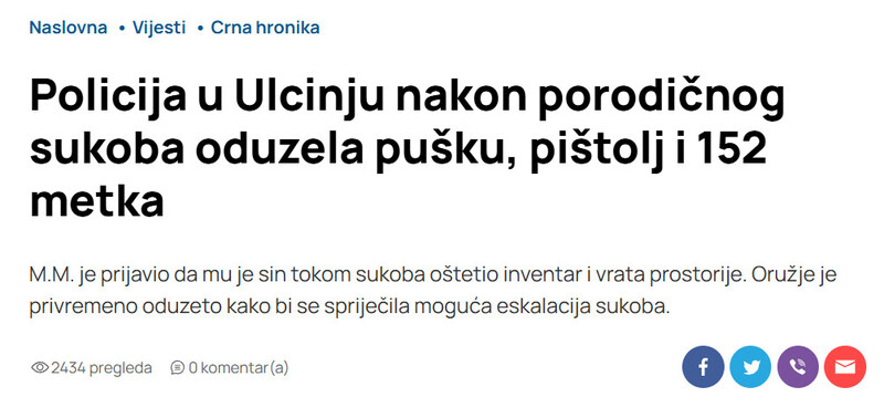 Montenegro-avmp/Policija-u-Ulcinju-nakon-porodicnog-sukoba-oduzela-pusku-pistolj-i-152-metka