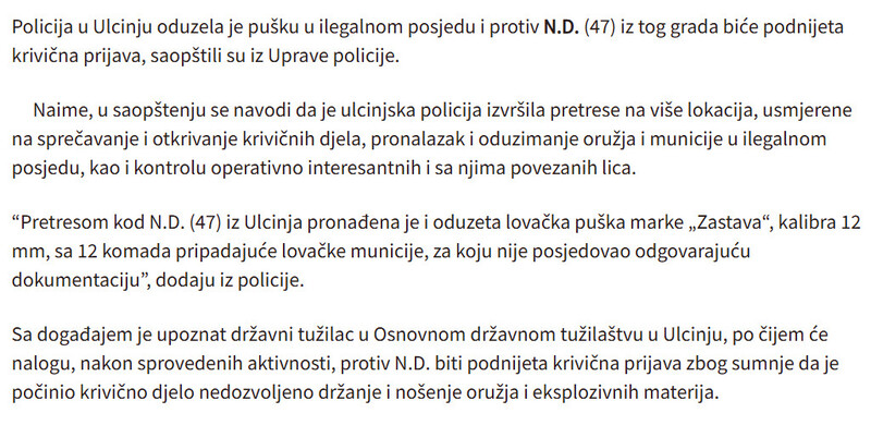 Montenegro-avmp/Policija-u-Ulcinju-oduzela-pusku-u-ilegalnom-posjedu